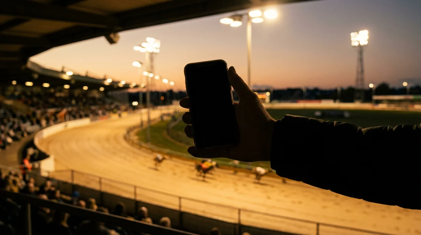 Person using a smartphone at a greyhound stadium with the track in the background