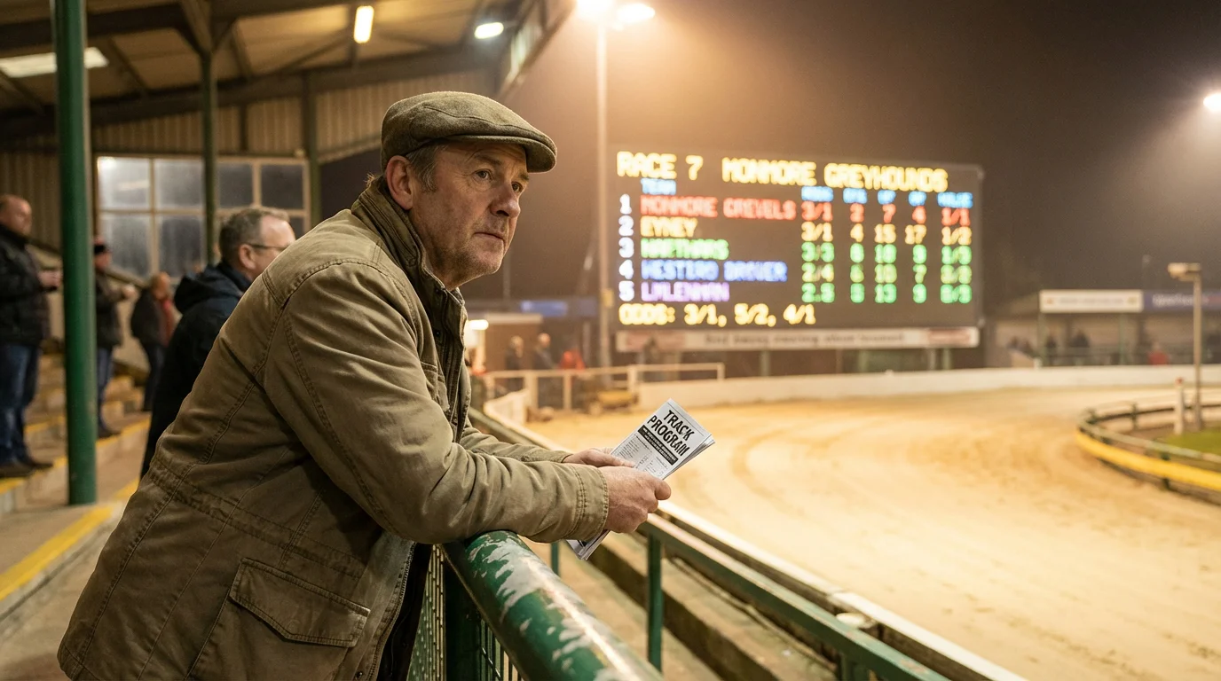 Punter studying greyhound betting odds on a racecard at Doncaster stadium