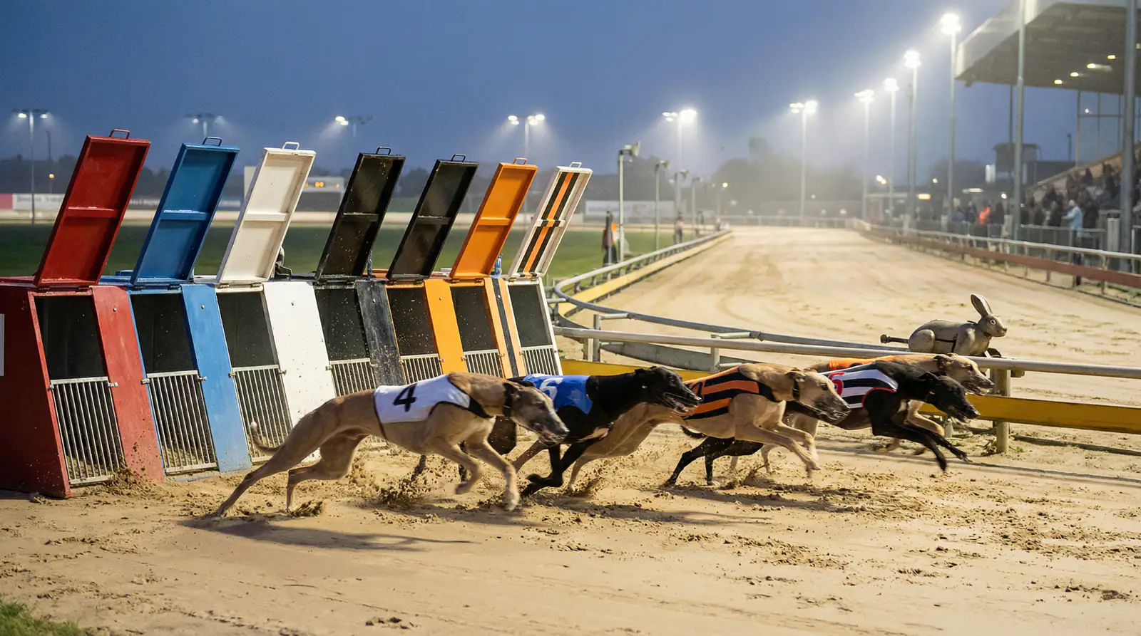 Greyhounds bursting out of starting traps at a sprint distance on a sand track