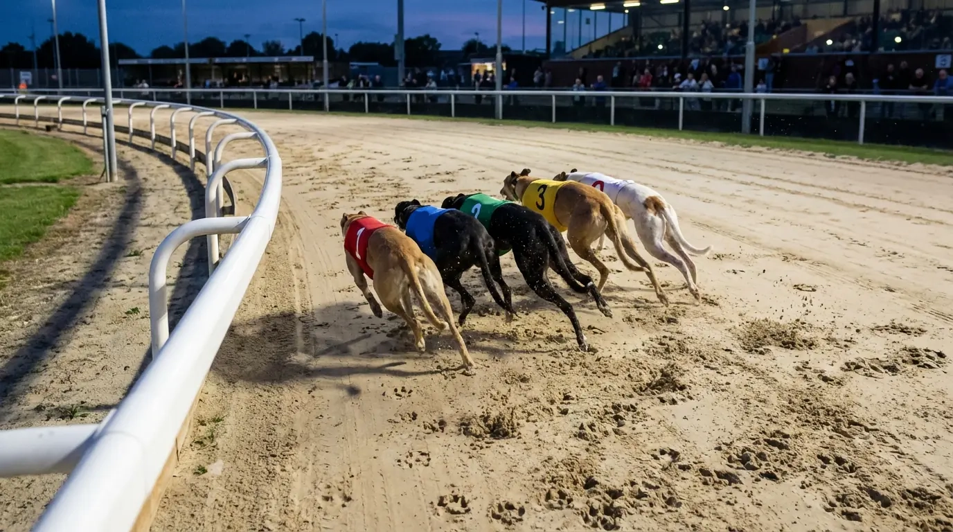 Greyhounds racing around the first bend at standard distance on a sand track