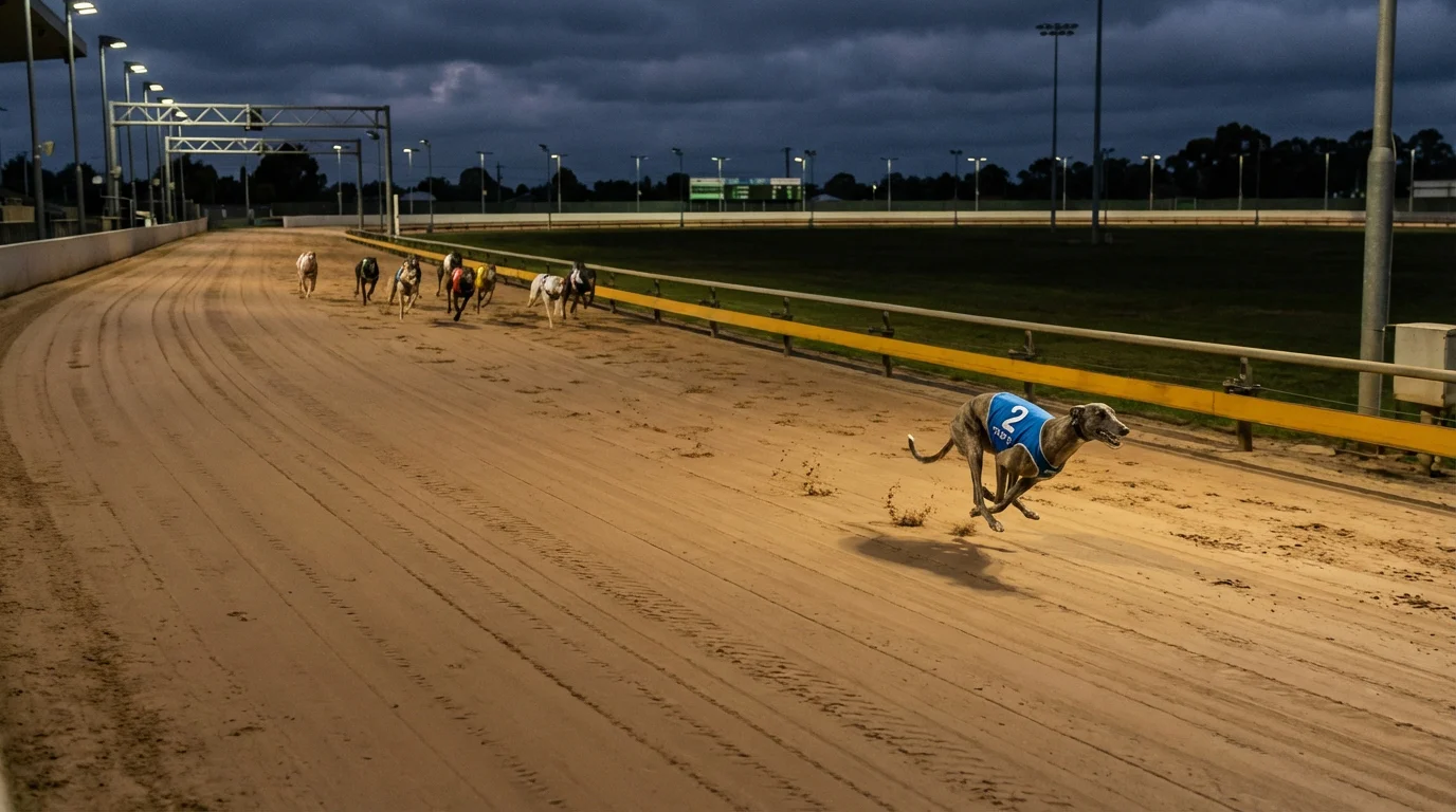 Greyhound racing on the back straight of a sand track during a long-distance race