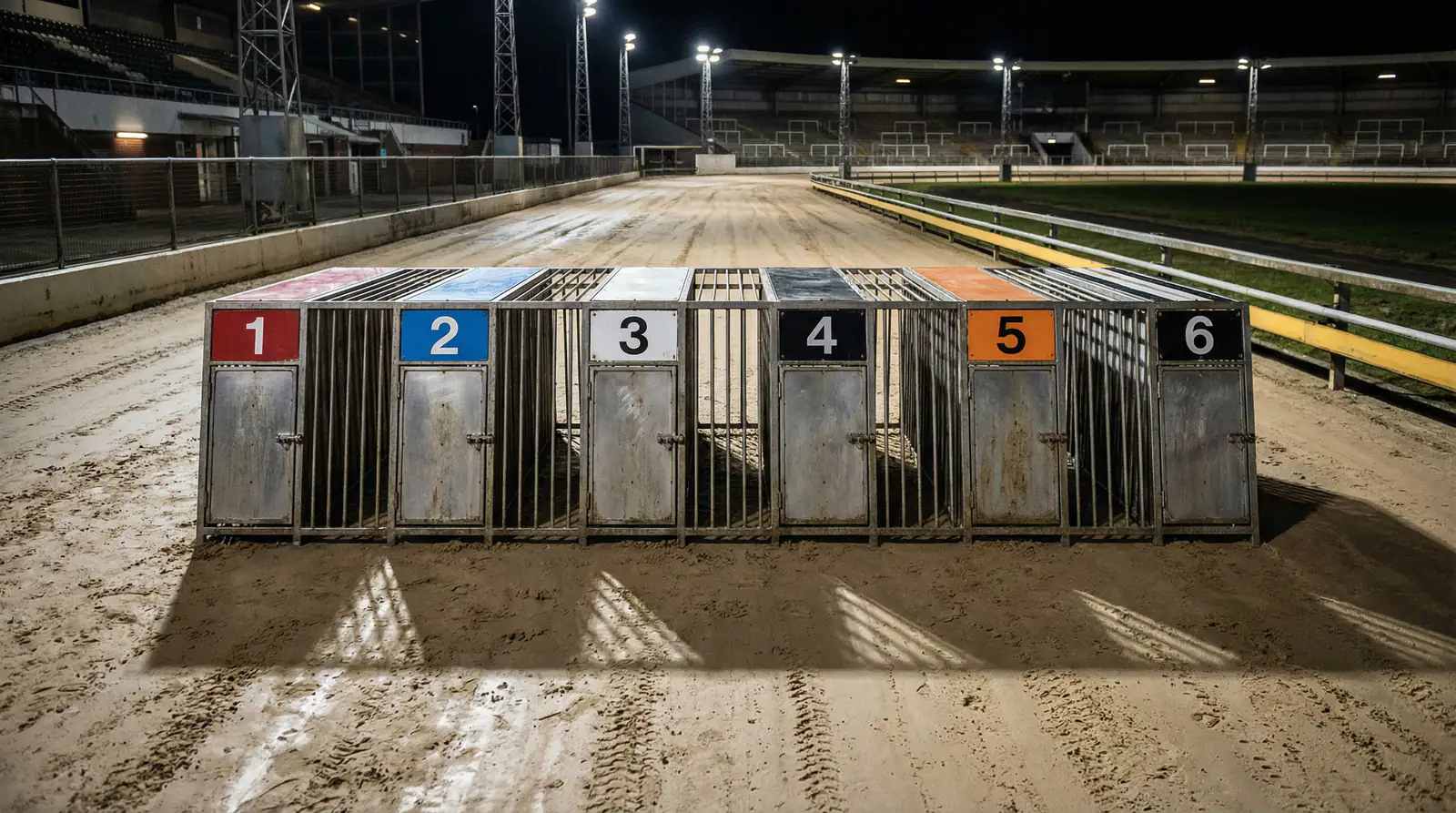 Greyhounds in numbered racing jackets lined up at starting traps before a graded race