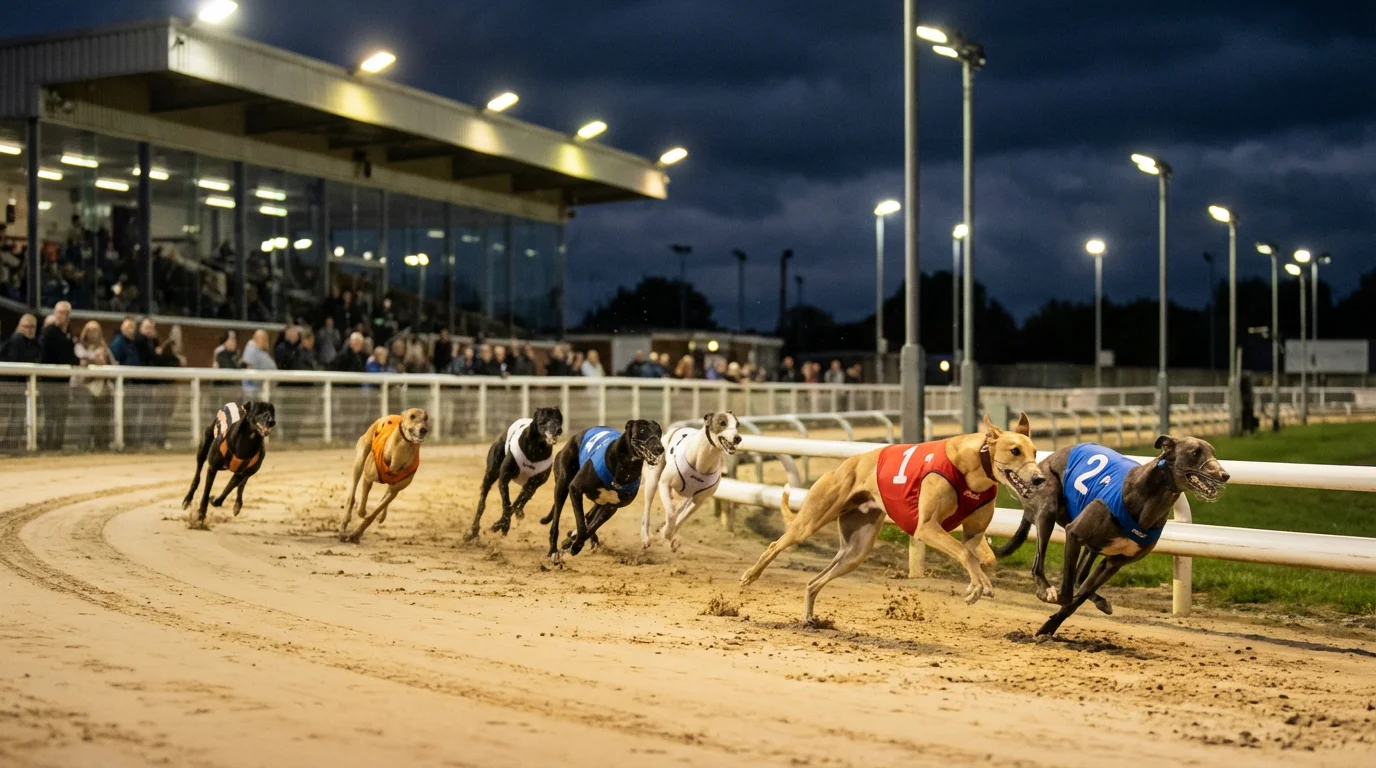 Greyhound dogs racing on a sand track under floodlights at Meadow Court Stadium Doncaster