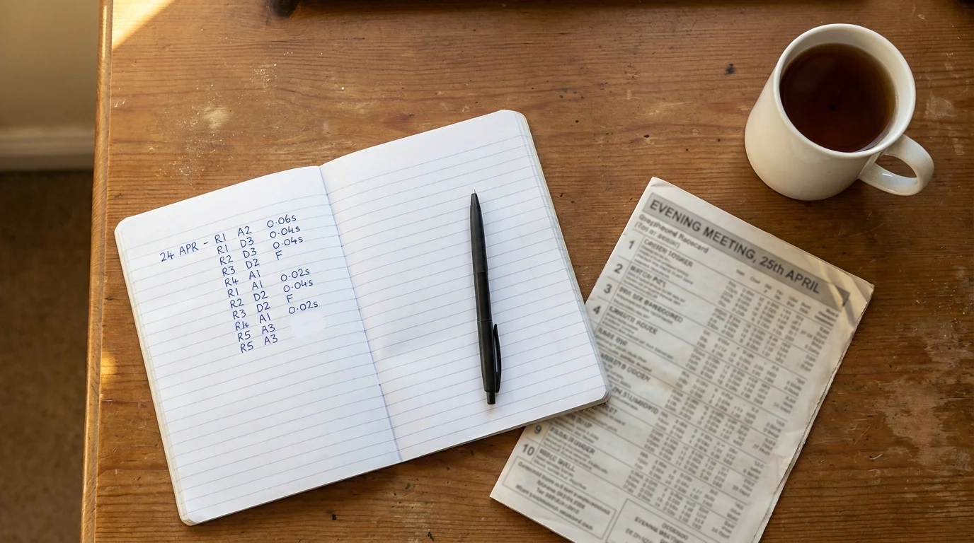 Notebook with handwritten greyhound racing statistics and a pen on a wooden desk