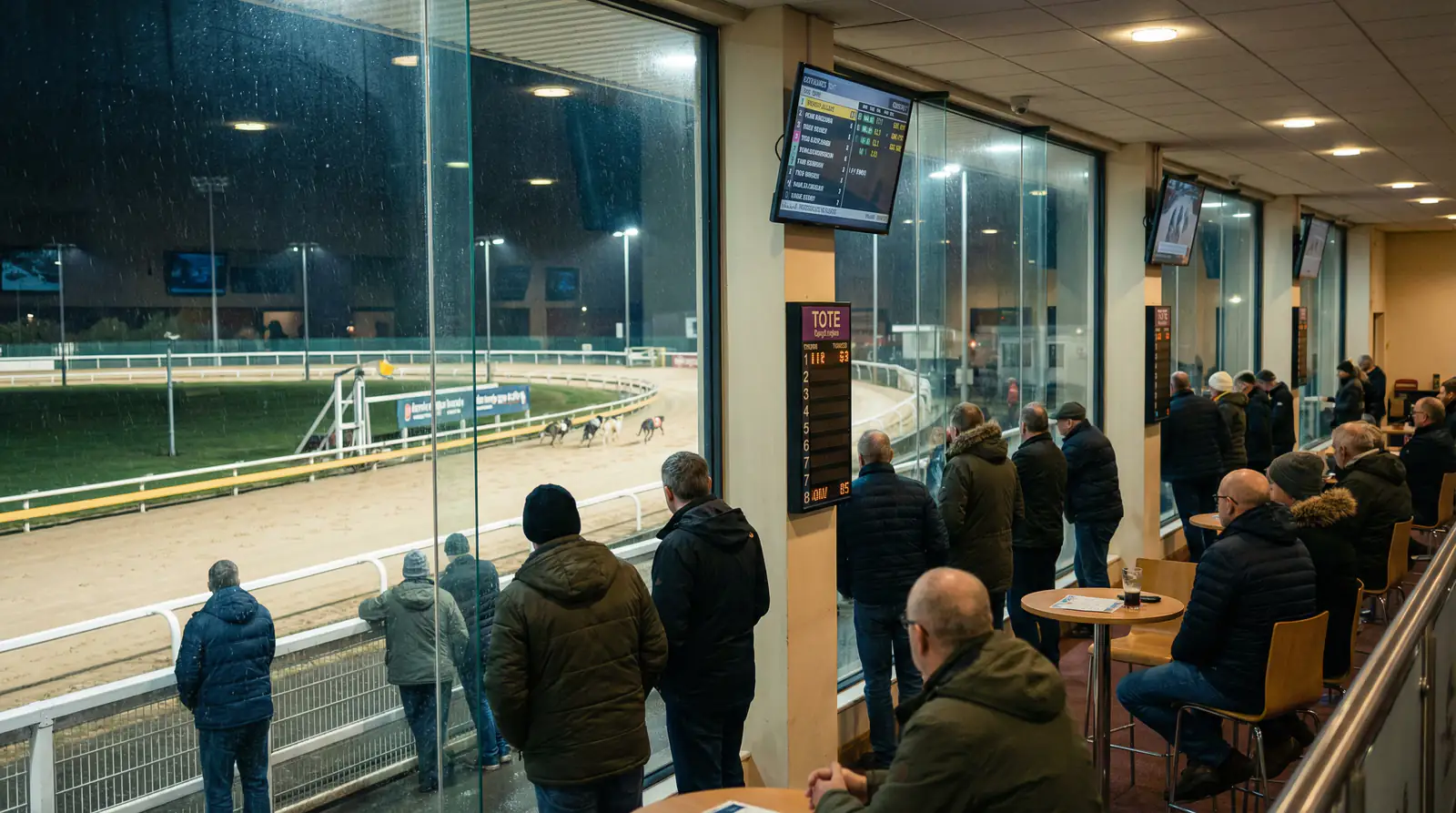 Evening greyhound racing meeting at a British stadium with spectators in the grandstand