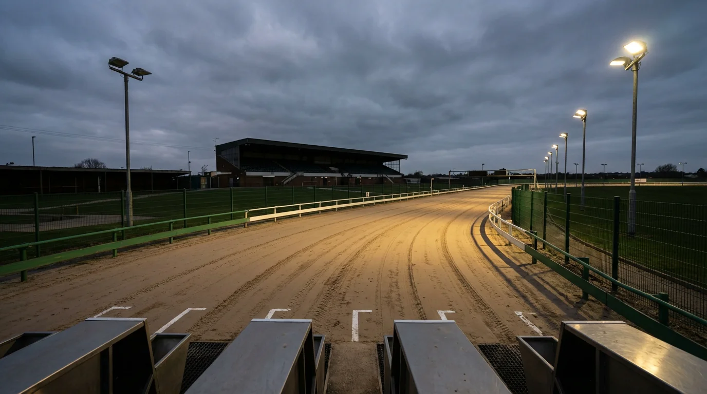Doncaster greyhound track at Meadow Court Stadium showing sand oval and race distances