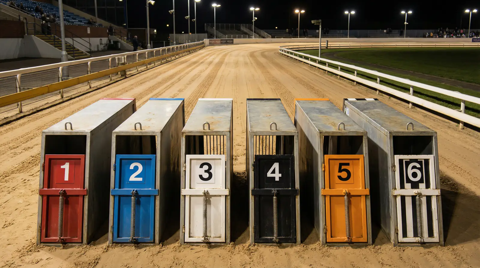 Six coloured starting trap boxes at a greyhound stadium with numbered jackets visible