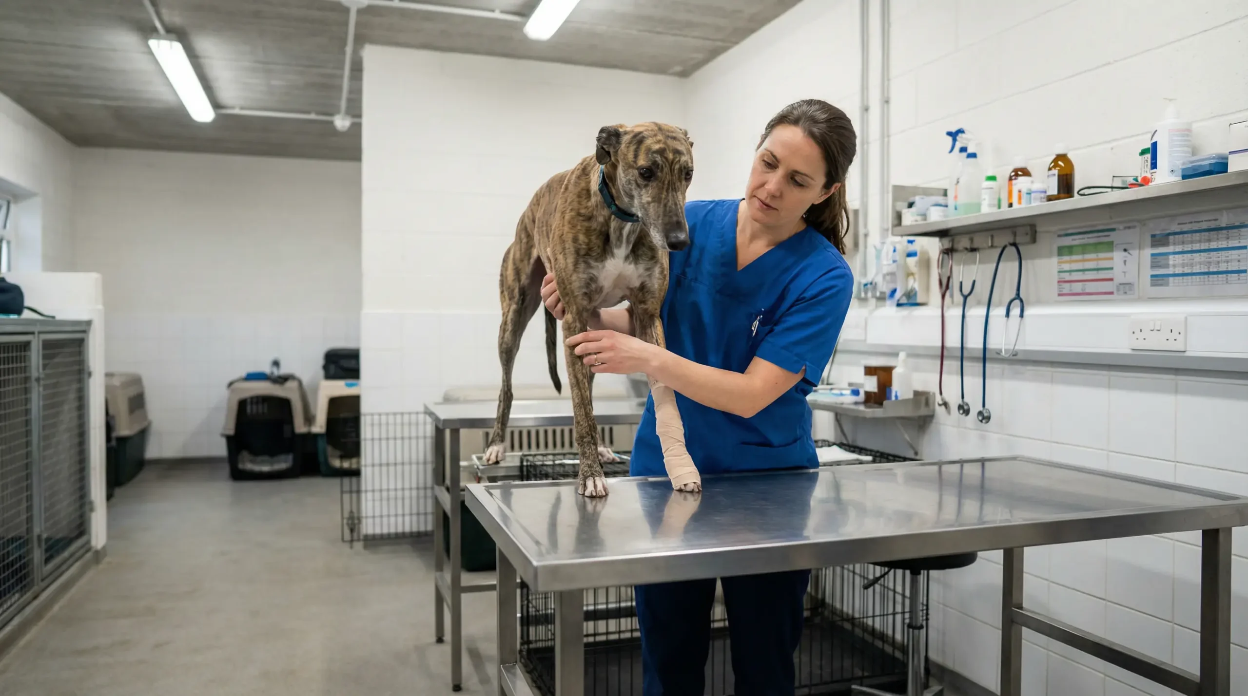 Greyhound being examined by a veterinarian at a racing stadium kennel