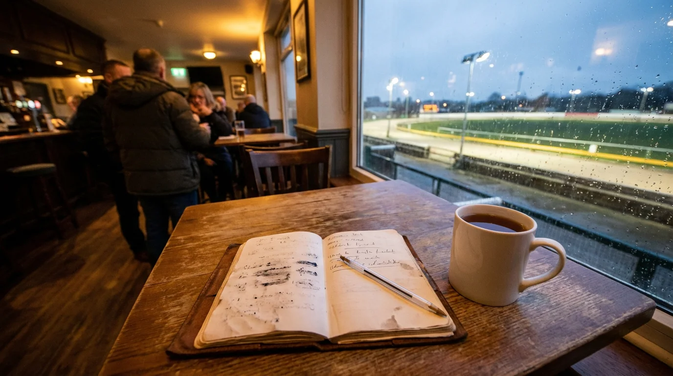 A notebook with a pen on a table next to a cup of tea at a greyhound stadium