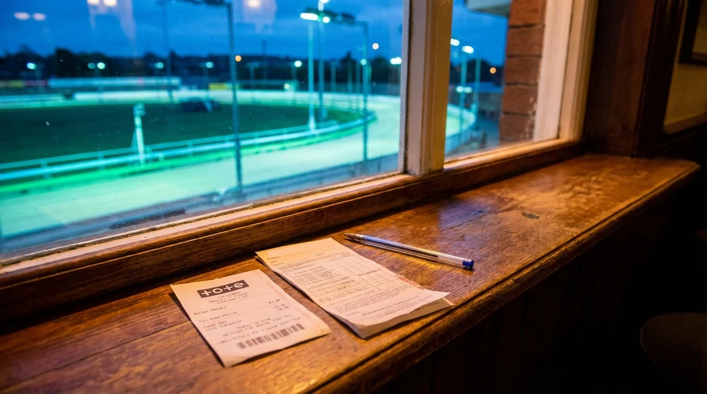 Two different betting slips side by side on a table at a greyhound stadium