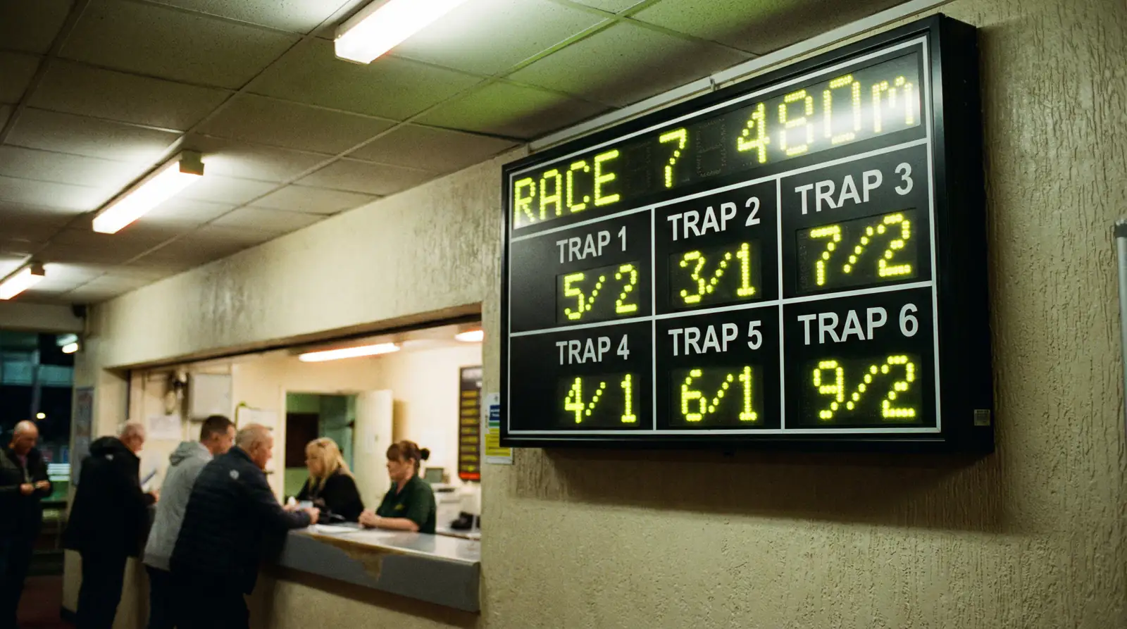 Trackside tote betting board displaying greyhound race odds at a British stadium