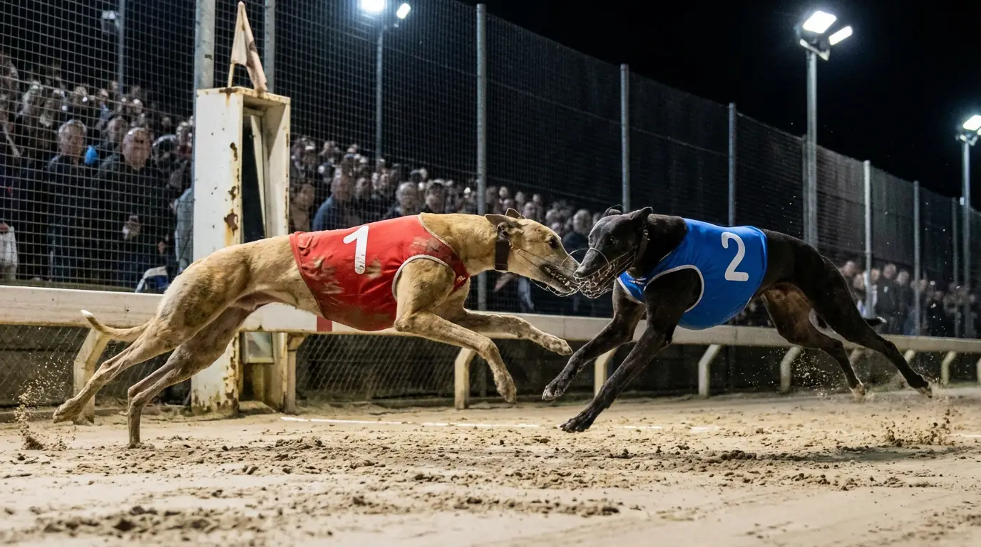 Two greyhounds finishing close together at the line on a sand racing track