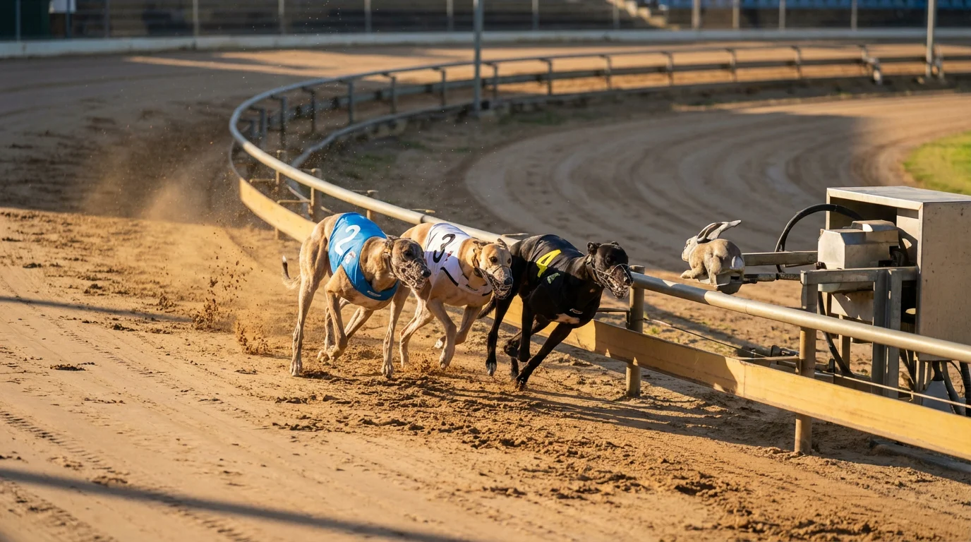 Three greyhounds racing closely together rounding a bend on a sand track