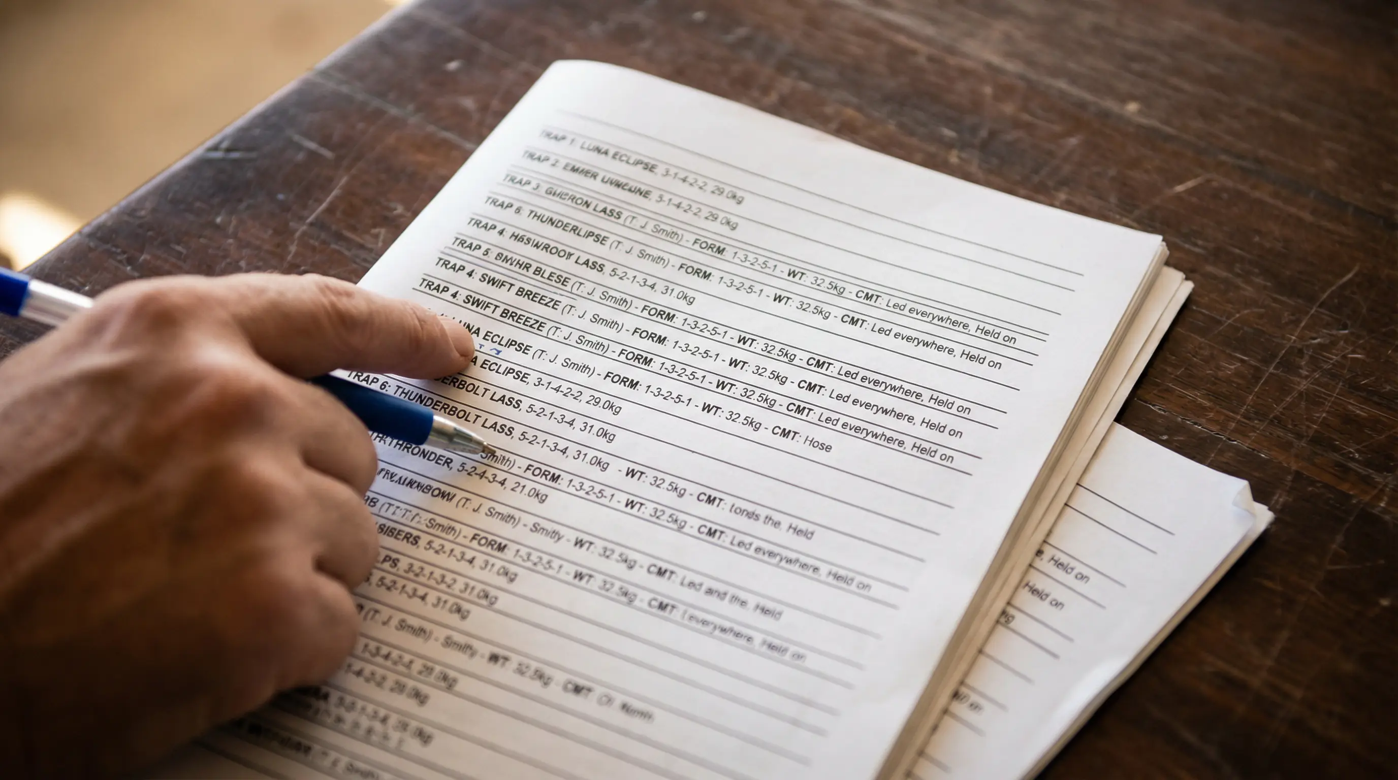 Close-up of a printed greyhound racing form guide showing trap numbers and finishing positions