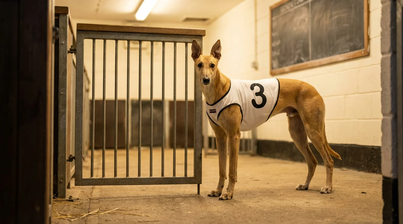 Greyhound wearing a racing jacket standing calmly in a kennel area