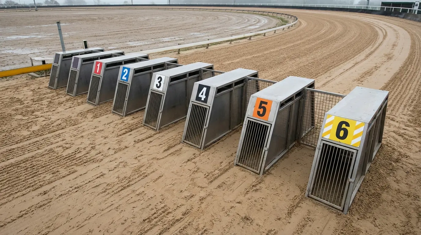 Greyhound starting traps staggered at different positions on a sand track