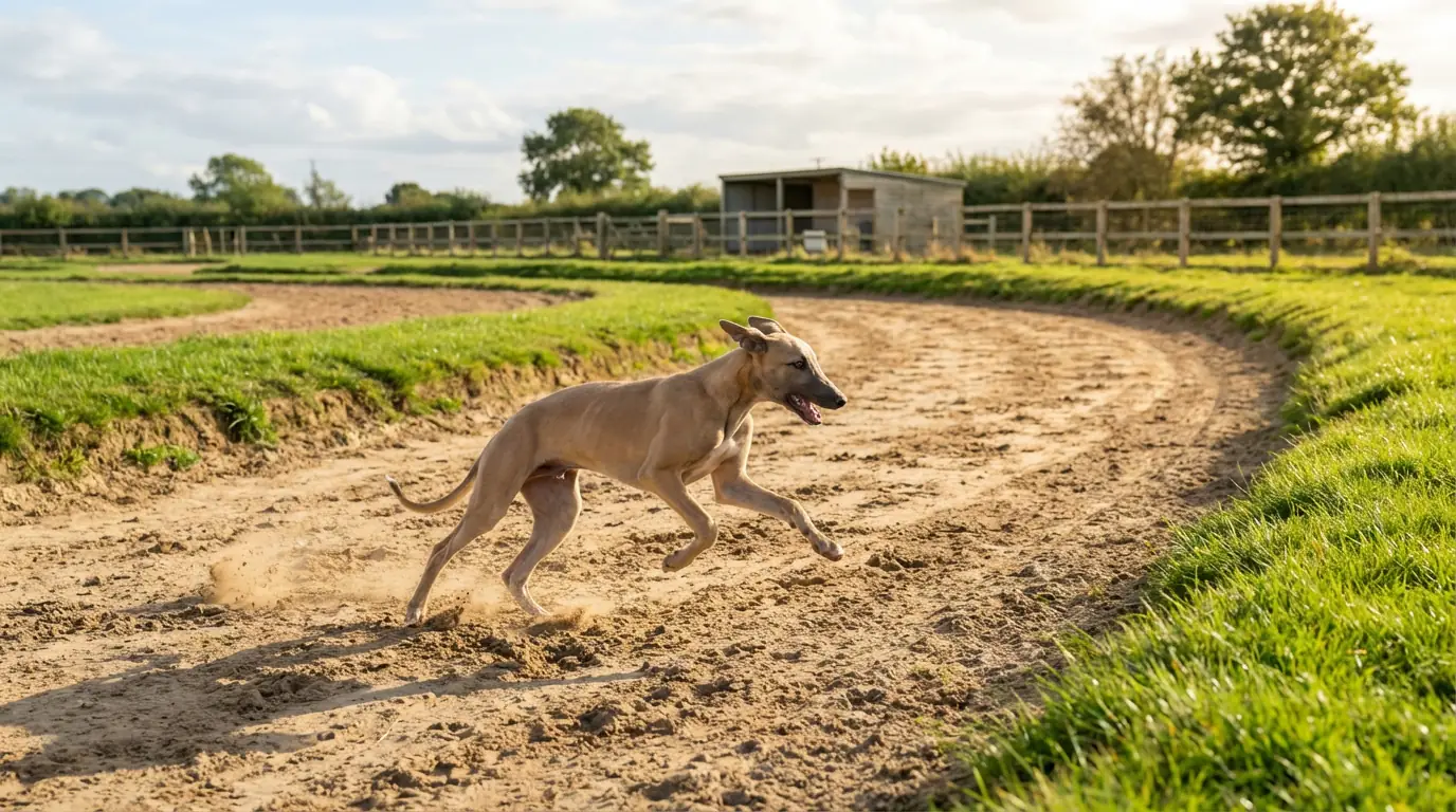 Young greyhound puppy running on a training track in daylight