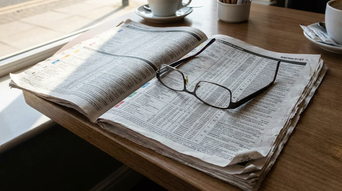 Open greyhound form guide newspaper with abbreviations visible