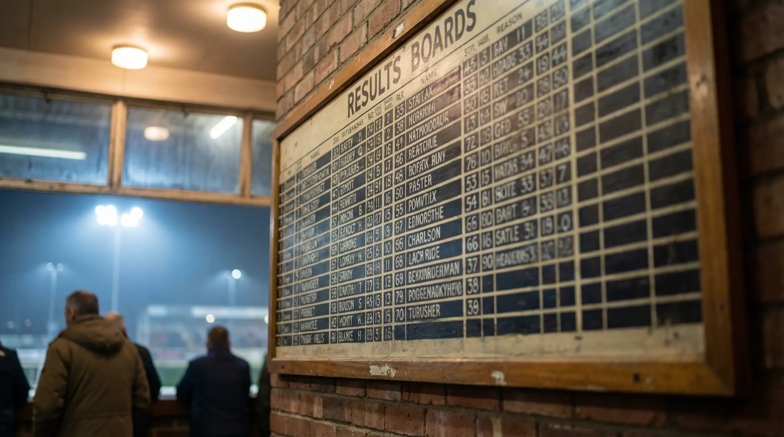 Close-up of a greyhound results board at a racing stadium