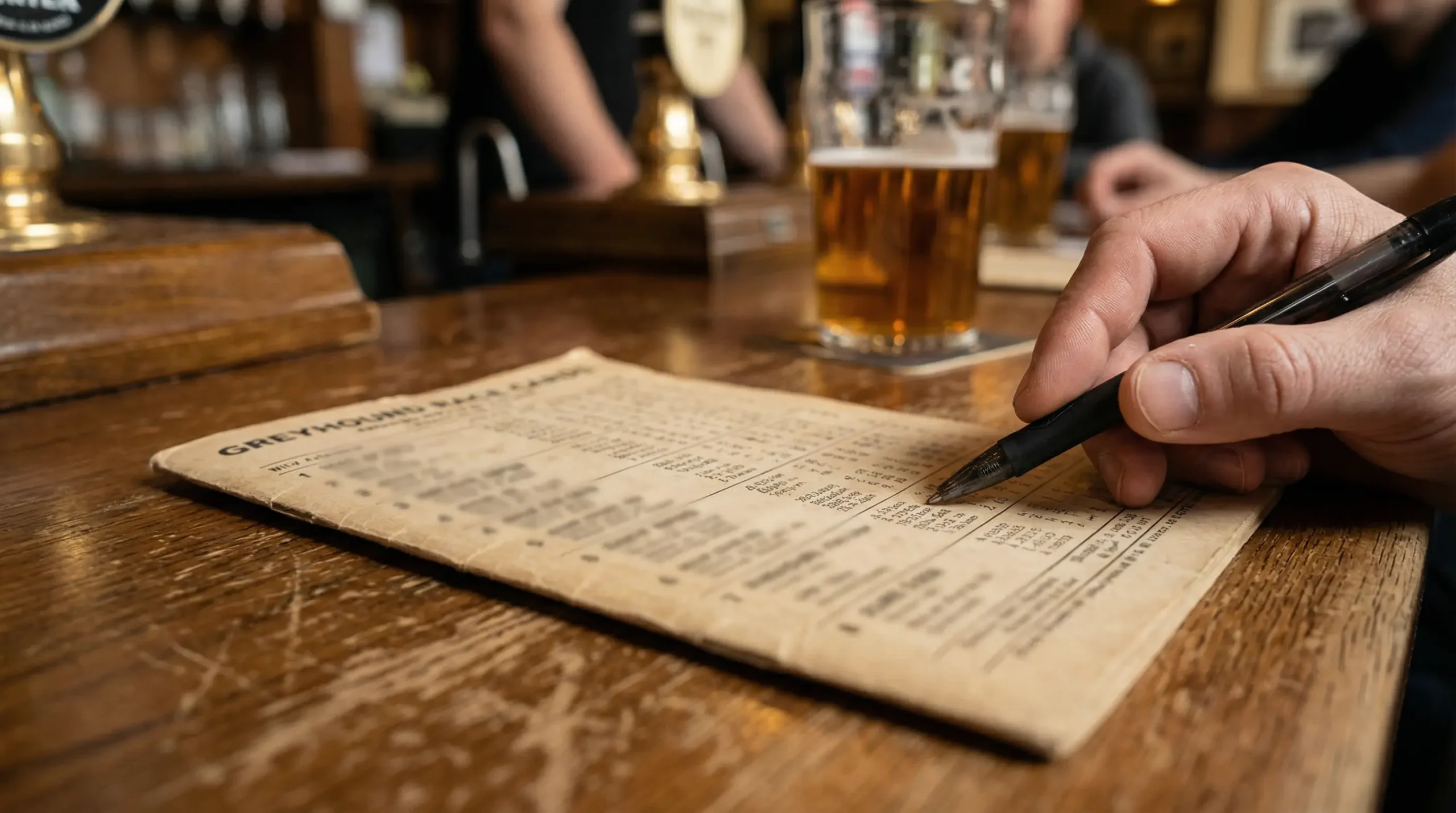 Close-up of a printed greyhound race card form guide on a table