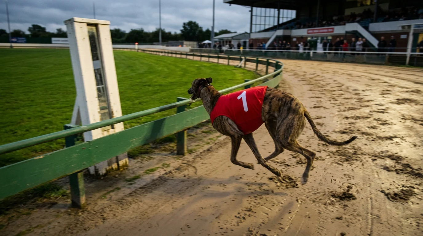 Greyhound sprinting past a timing marker on a sand racing track