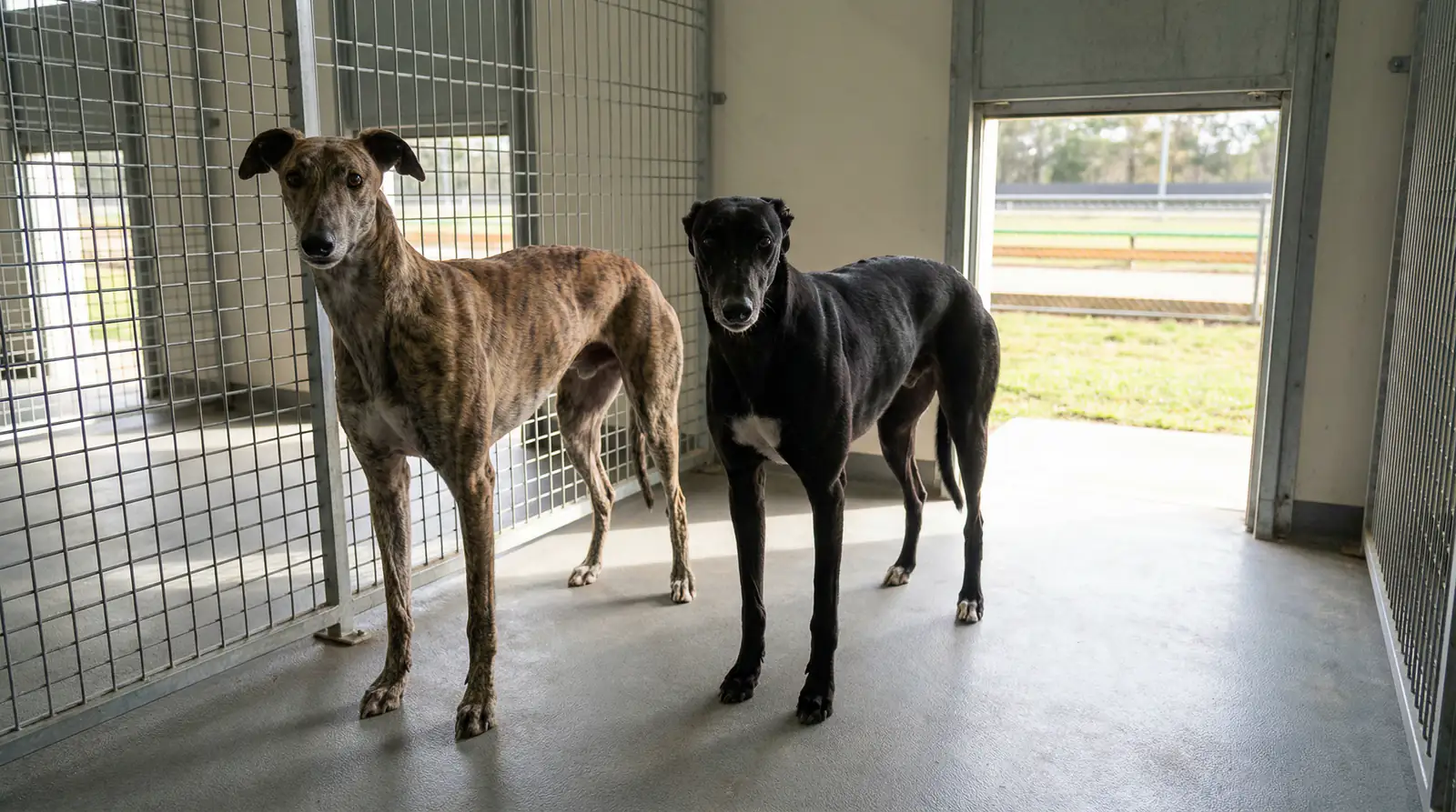 Two greyhounds standing side by side in a kennel showing different builds