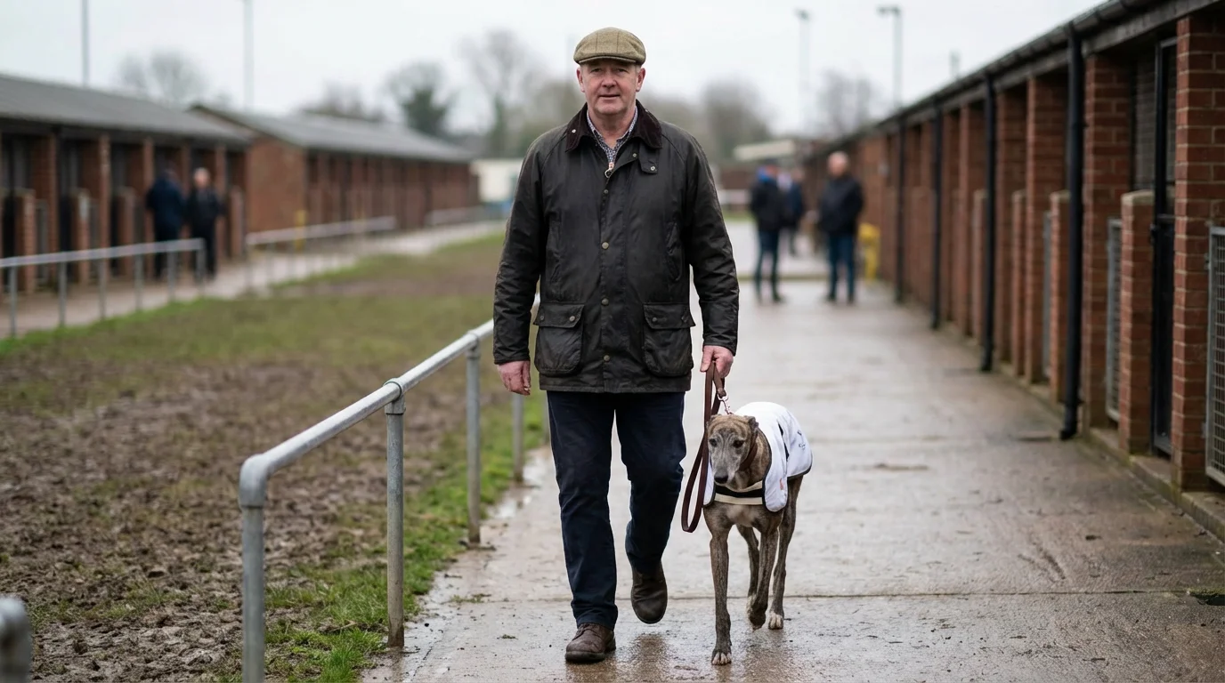 Greyhound trainer walking a dog on a lead in a stadium paddock area