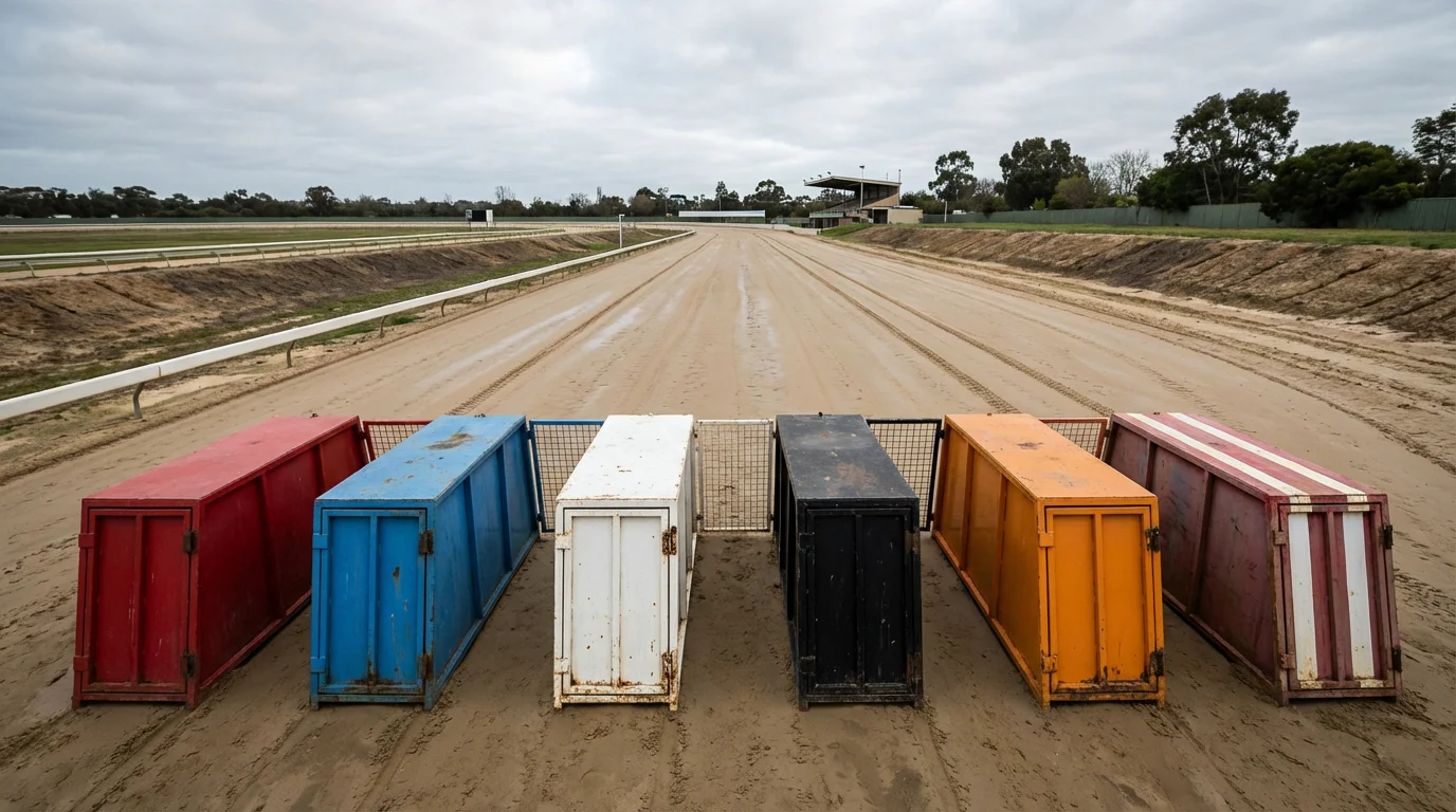 View from behind the starting traps looking down the straight of a sand greyhound track
