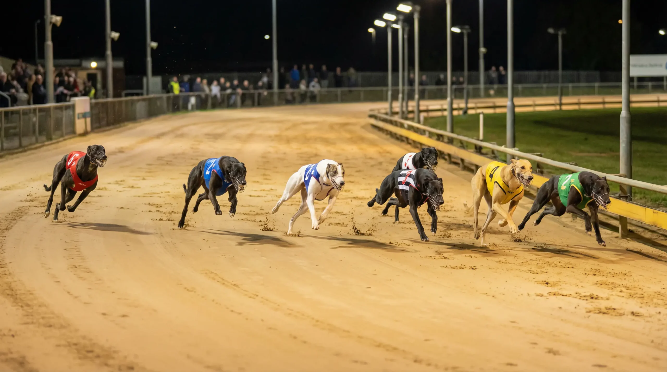 Greyhounds racing at high speed on a well-lit sand track during an evening meeting