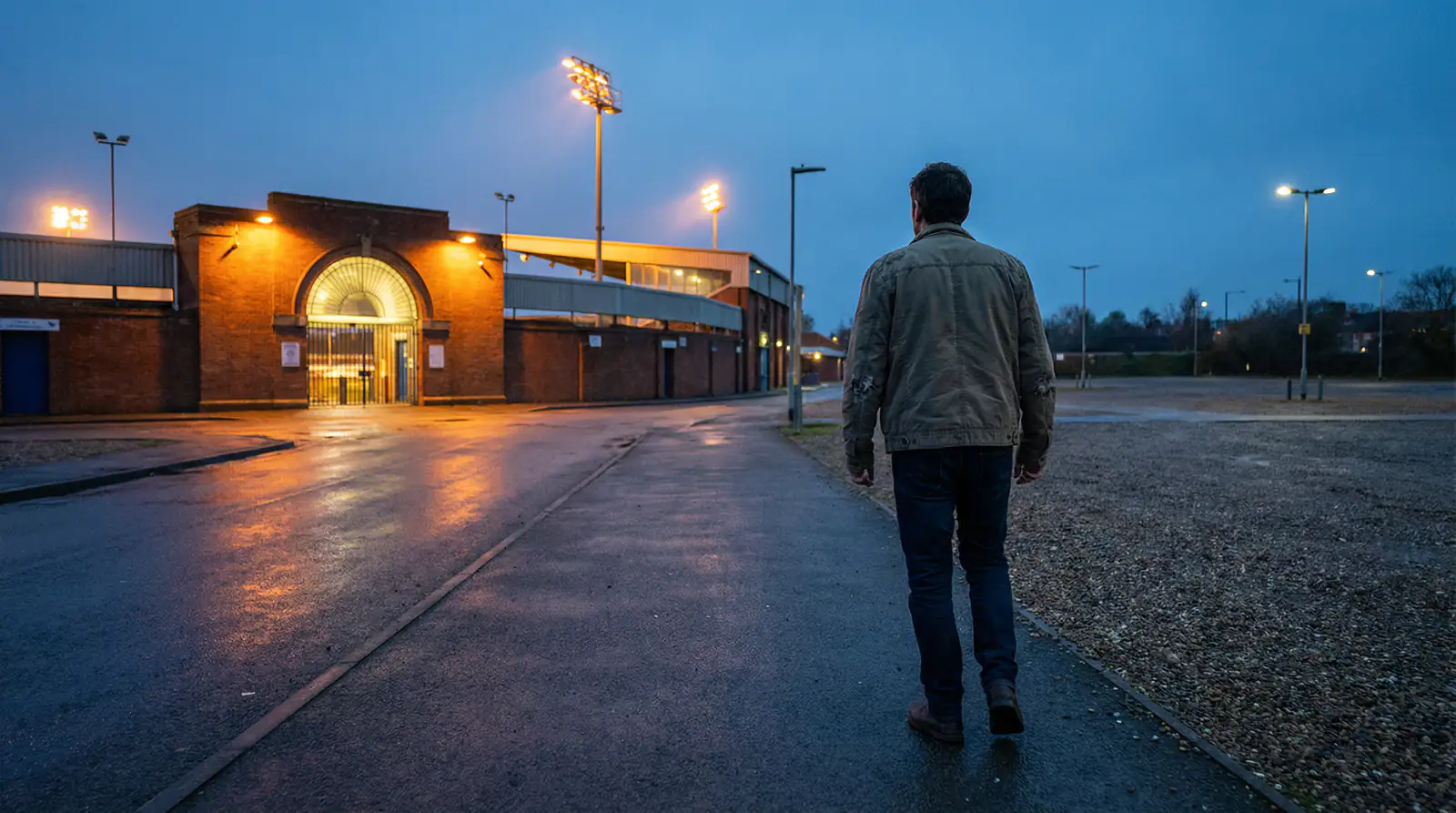 A person walking away from a greyhound stadium entrance in evening light
