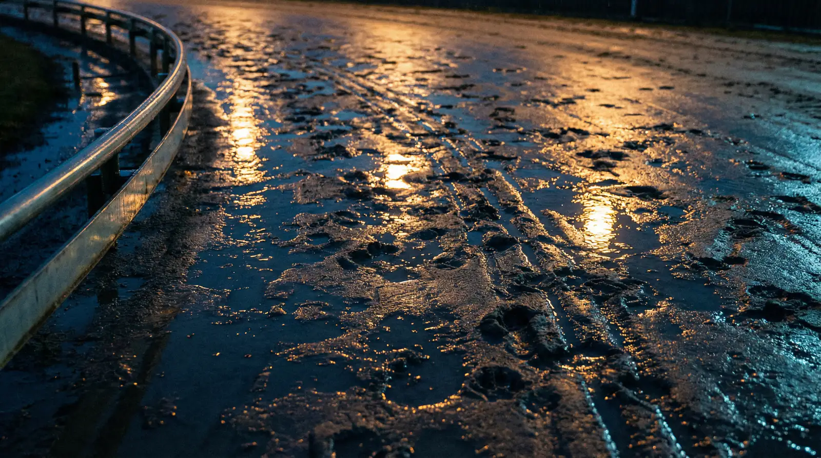 Wet sand surface of a greyhound racing track with rain puddles reflecting floodlights