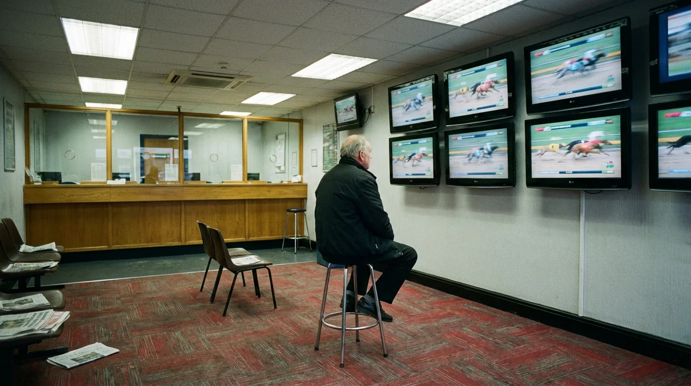 Row of television screens showing virtual racing in a betting shop