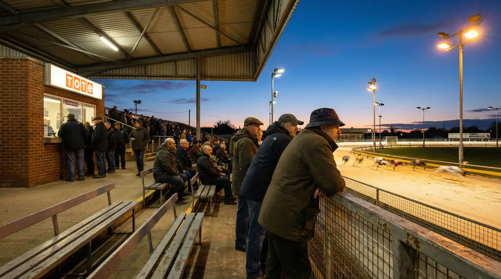 Spectators watching greyhound racing from the grandstand at Doncaster stadium